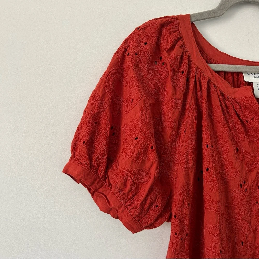 Calypso St. Barth Burnt Orange Eyelet Puffed Sleeve Button Down Cotton Blouse M - Picture 3 of 8